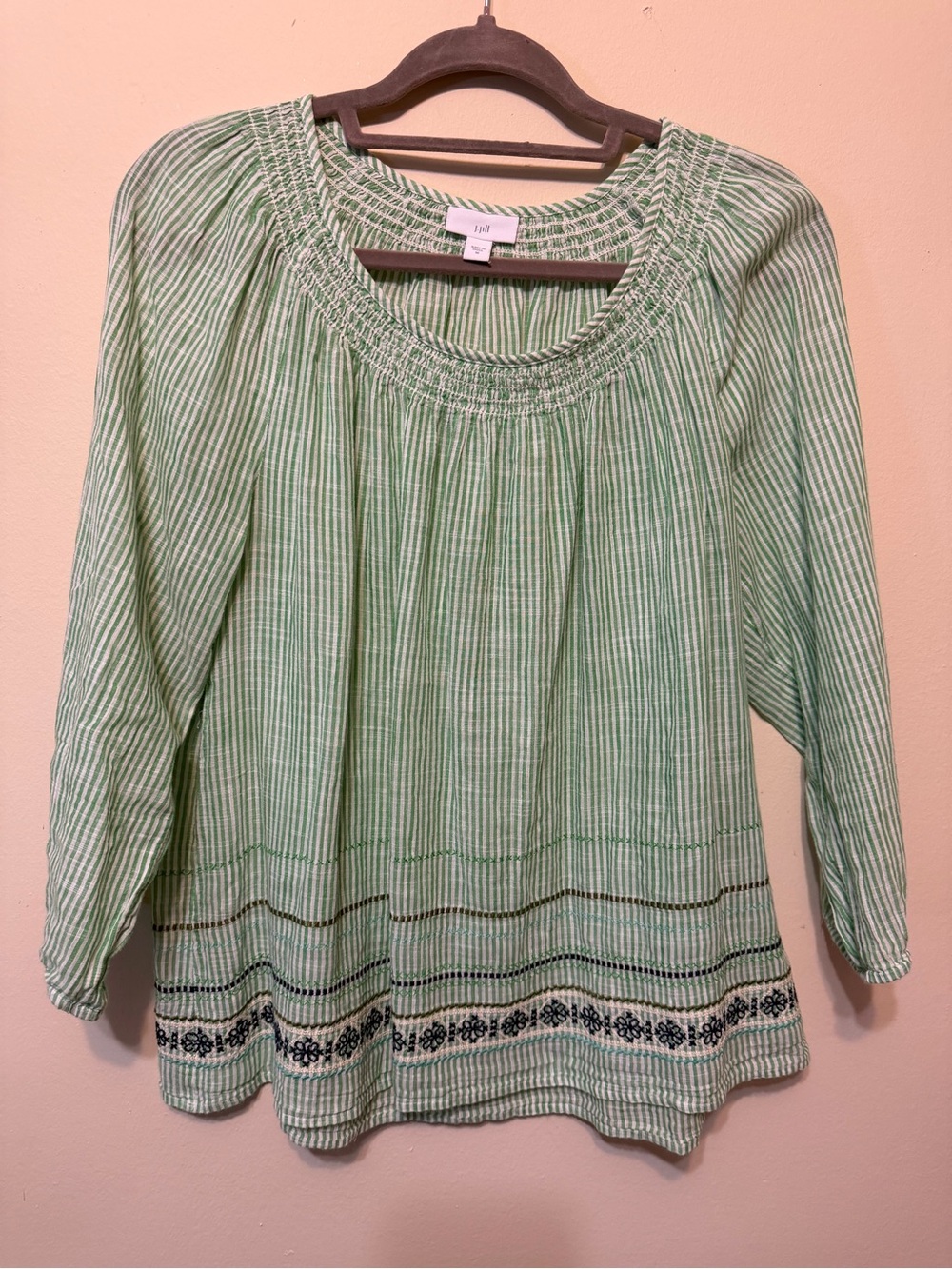 Light Green Stripe Smocked-Neck Peasant Top 2331